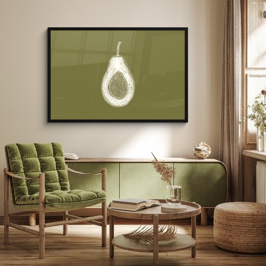 Poster in lijst - Fotolijst 120x80 cm - Posters - Avocado - Minimalistisch - Illustratie - Groen - Posterlijst zwart - Decoratie - Wanddecoratie woonkamer - Muurdecoratie slaapkamer