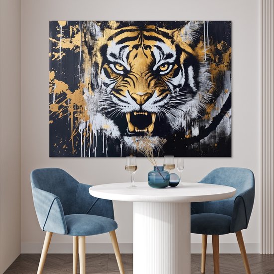 Poster 120x90 cm - Tijger - Verfspatten - Goud - Posters - Kamer decoratie - Wanddecoratie woonkamer - Muurdecoratie slaapkamer