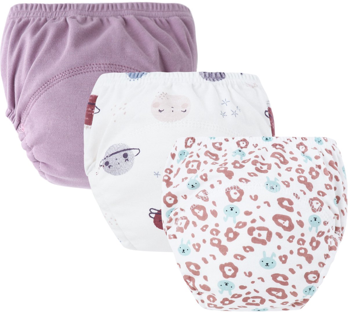 Image of 3-pack baby katoenen trainingsbroekjes - herbruikbare peuter zindelijkheidstraining broekjes - donkerpaars + paarse planeet + konijnenluierprint (luiers) - geschikt voor jongens en meisjes van 12-18 kg