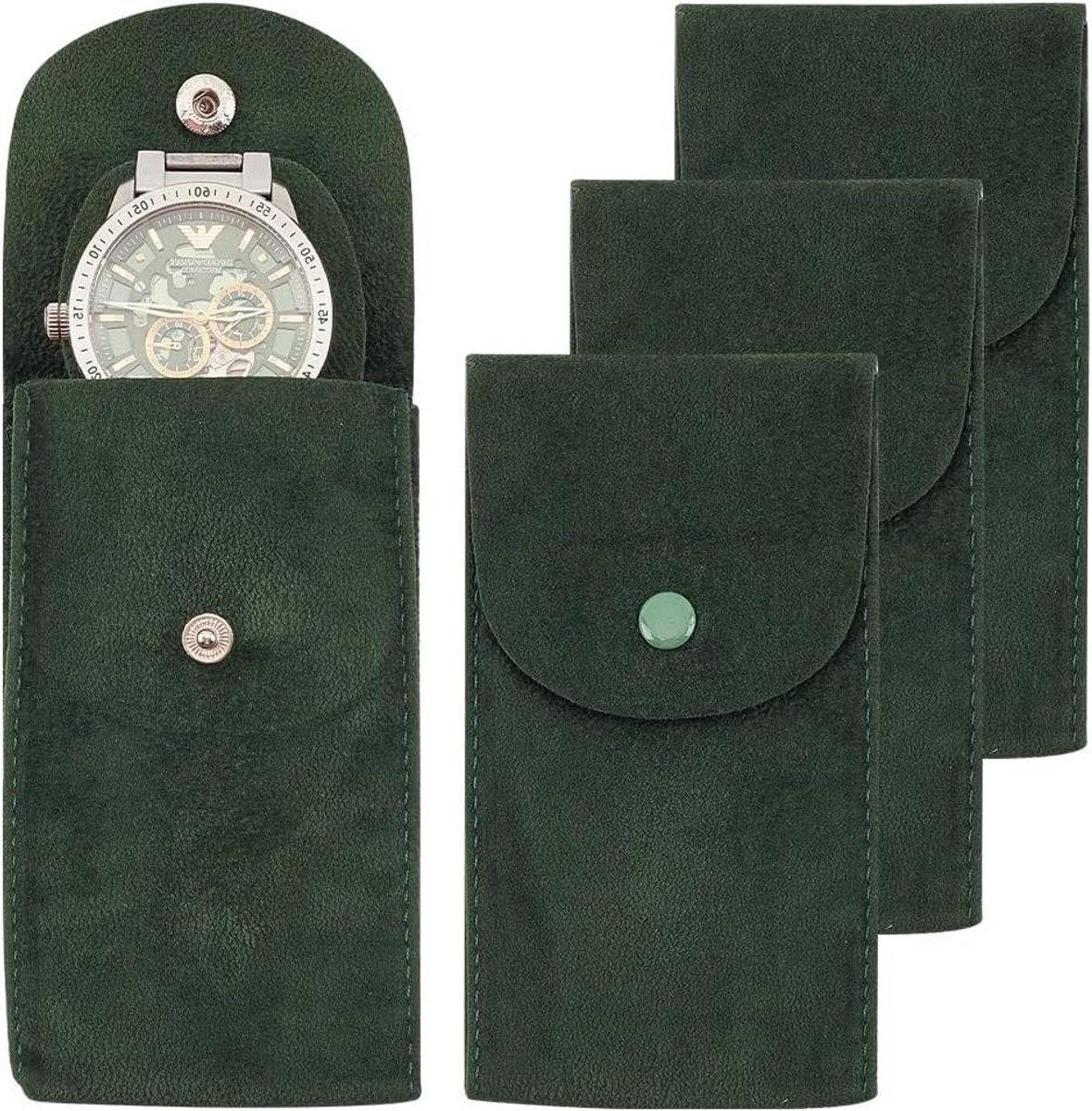 Horloge Opbergtas Set van 4 - Donkergroen Draagbare Fluwelen Horloge Organizer met Insert voor Reizen - Ideaal voor op Reis - Afmetingen 12.9x6.8x0.6cm.