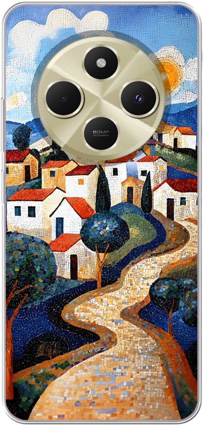 Coque de téléphone compatible avec Xiaomi Redmi 14C - Motifs Village, Collines, Soleil et Mosaïque - Siliconen