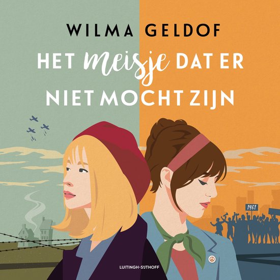 Twee jonge vrouwen, links met blond haar en baret, rechts met bruin haar en hoofdband, tegen een achtergrond van een scheidslijn. Links militair, rechts protest.