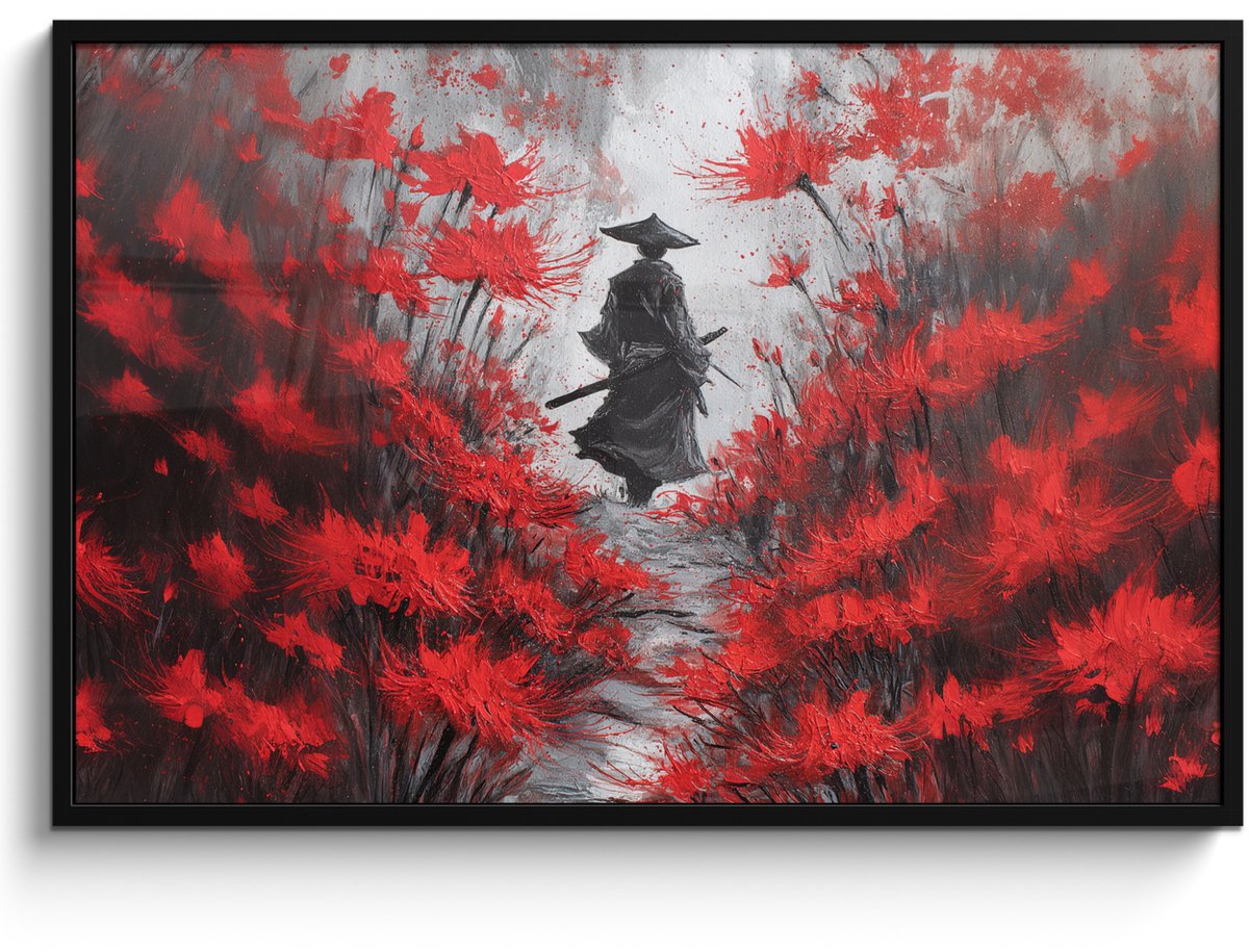 FrameYourWall Poster in lijst - Fotolijst 120x80 cm - Posters - Rode bloemen - mistig - Man - Posterlijst zwart - Decoratie - Wanddecoratie woonkamer - Muurdecoratie slaapkamer Bloemen - Man - Mistig