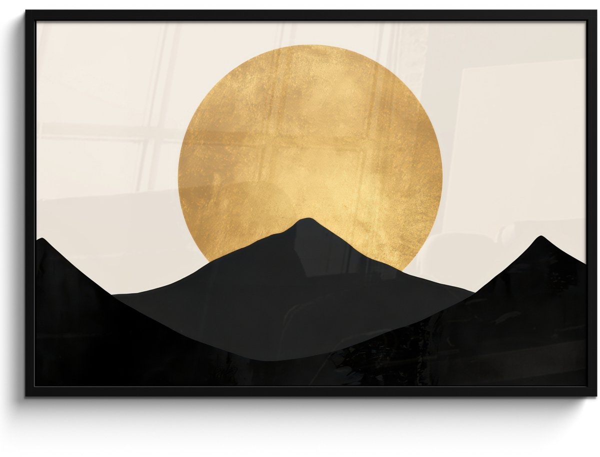 FrameYourWall Poster in lijst - Fotolijst 120x80 cm - Posters - Bergsilhouetten - Gouden cirkel - Beige - Posterlijst zwart - Decoratie - Wanddecoratie woonkamer - Muurdecoratie slaapkamer Bergsilhouetten - Cirkel