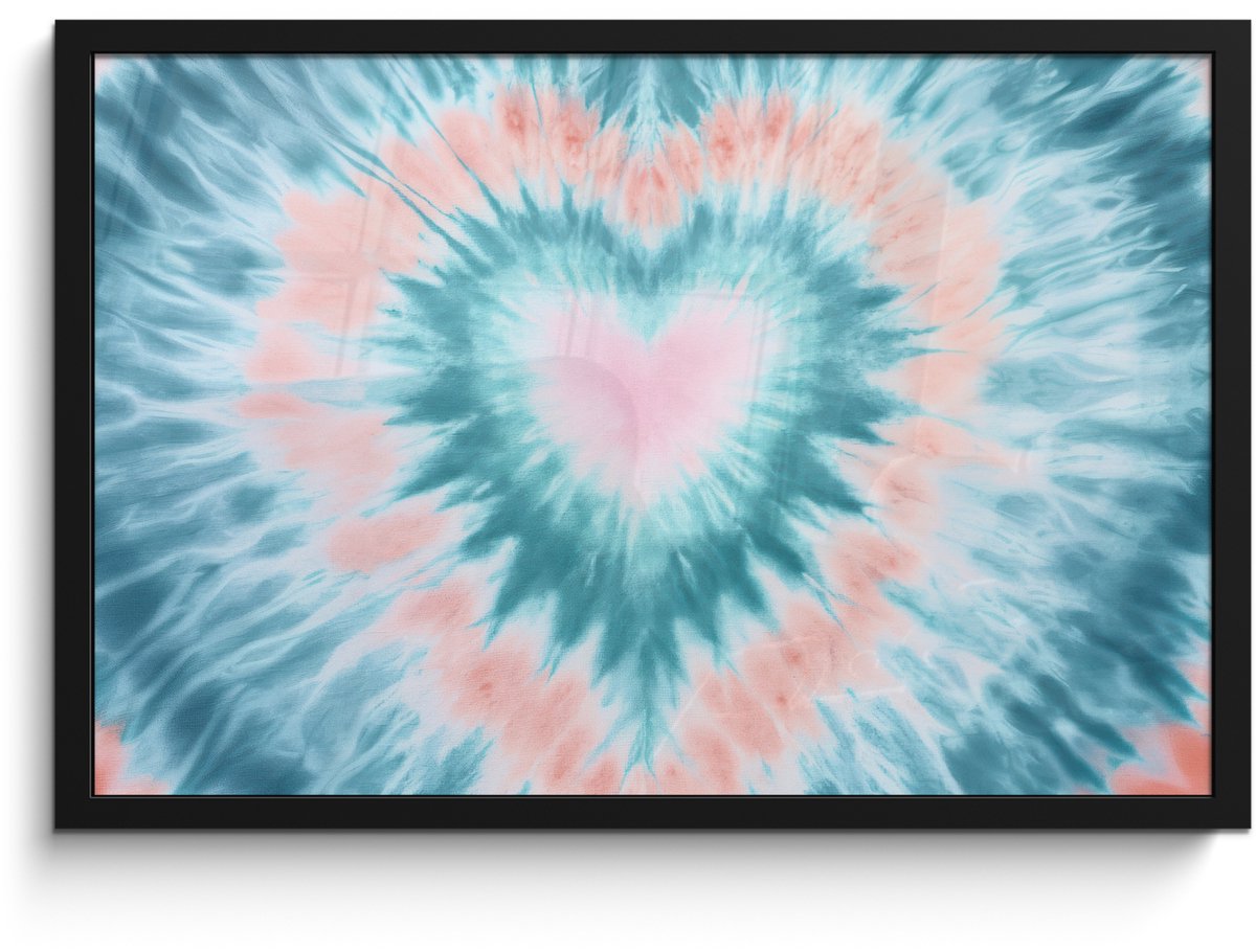 FrameYourWall Poster in lijst - Fotolijst 60x40 cm - Posters - Hartvormig - Tie dye - Pasteltinten - Lichtgroen - Posterlijst zwart - Decoratie - Wanddecoratie woonkamer - Muurdecoratie slaapkamer