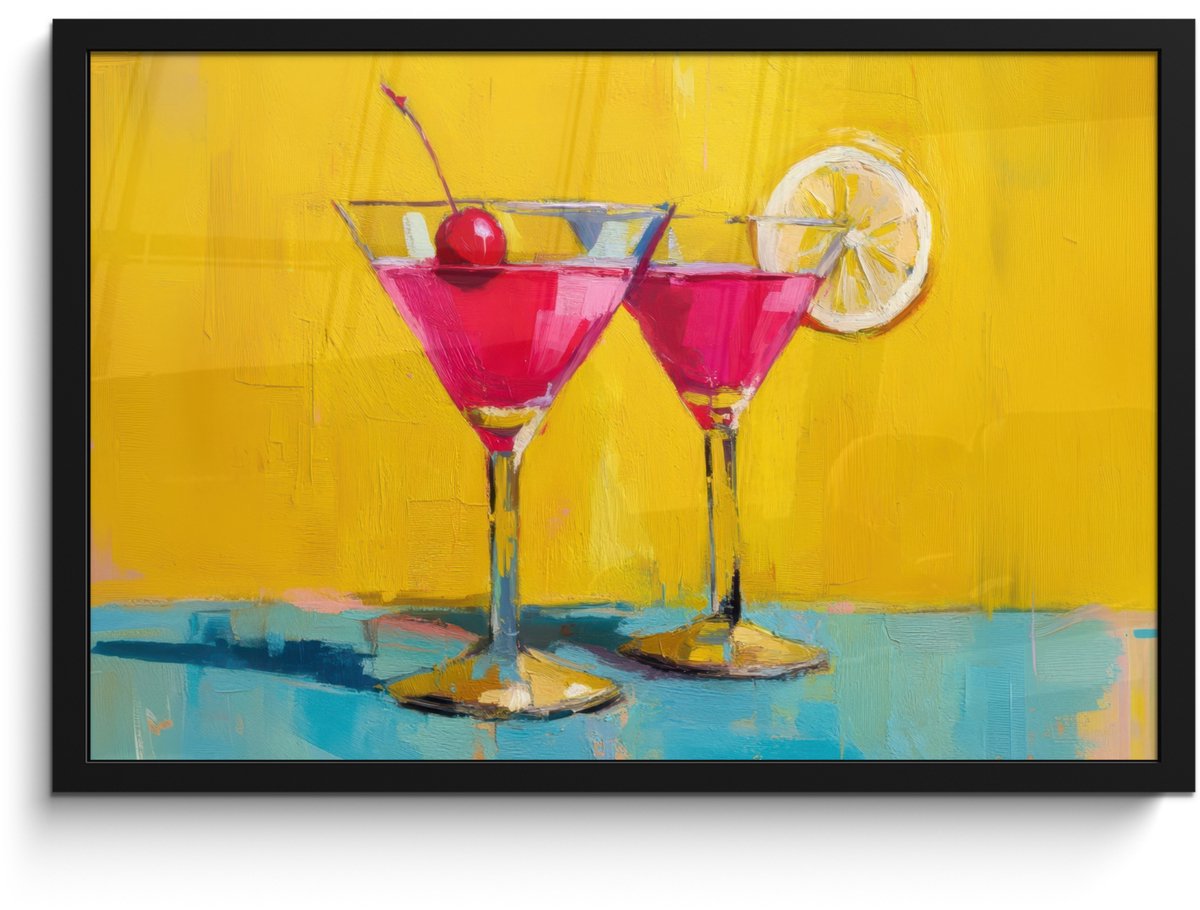 FrameYourWall Poster in lijst - Fotolijst 60x40 cm - Posters - Glazen - Cocktail - Citroen - Kers - Posterlijst zwart - Decoratie - Wanddecoratie woonkamer - Muurdecoratie slaapkamer