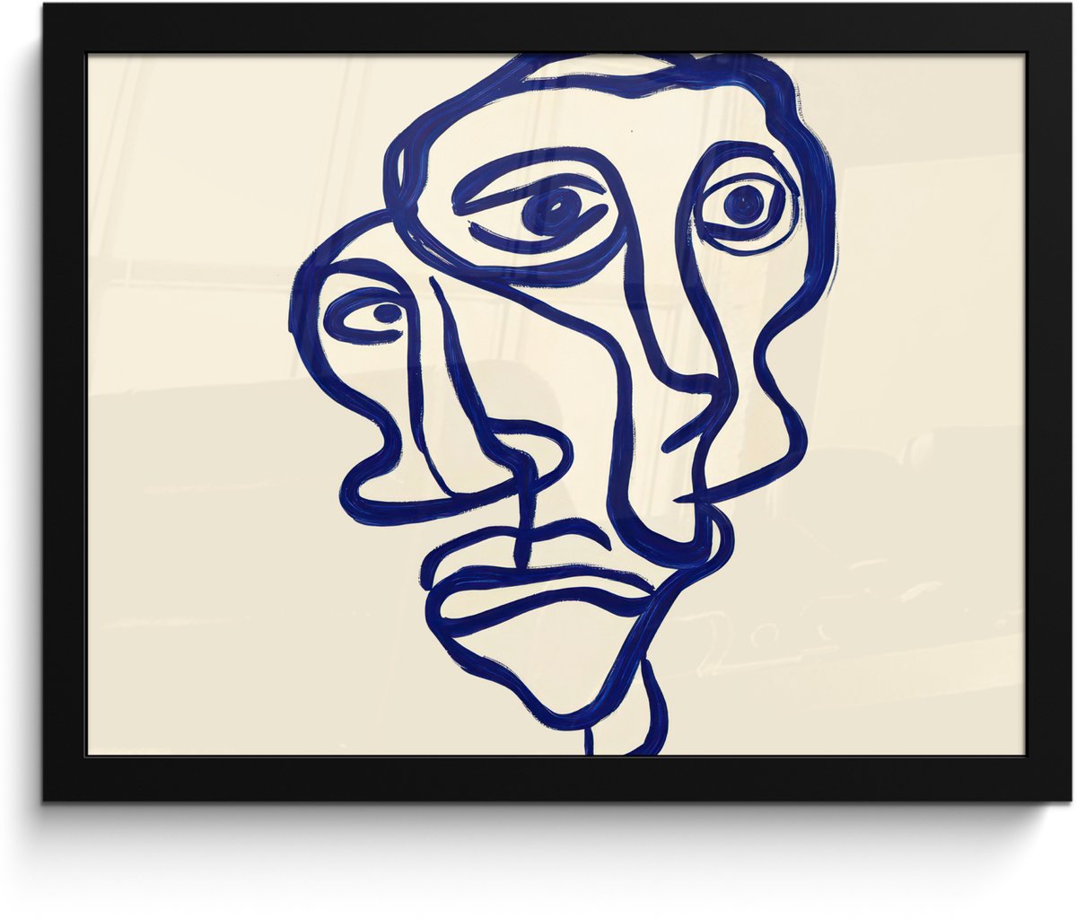 FrameYourWall Poster in lijst - Fotolijst 40x30 cm - Posters - Lijntekening - Overlappende gezichten - Donkerblauw - Posterlijst zwart - Decoratie - Wanddecoratie woonkamer - Muurdecoratie slaapkamer Overlappend - Gezichten