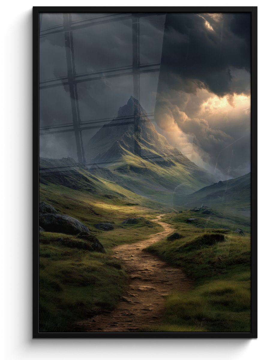 FrameYourWall Poster in lijst - Fotolijst 80x120 cm - Posters - Bergen - Kronkelpad - Groen - Wolken - Posterlijst zwart - Decoratie - Wanddecoratie woonkamer - Muurdecoratie slaapkamer Bergen - Pad - Wolken