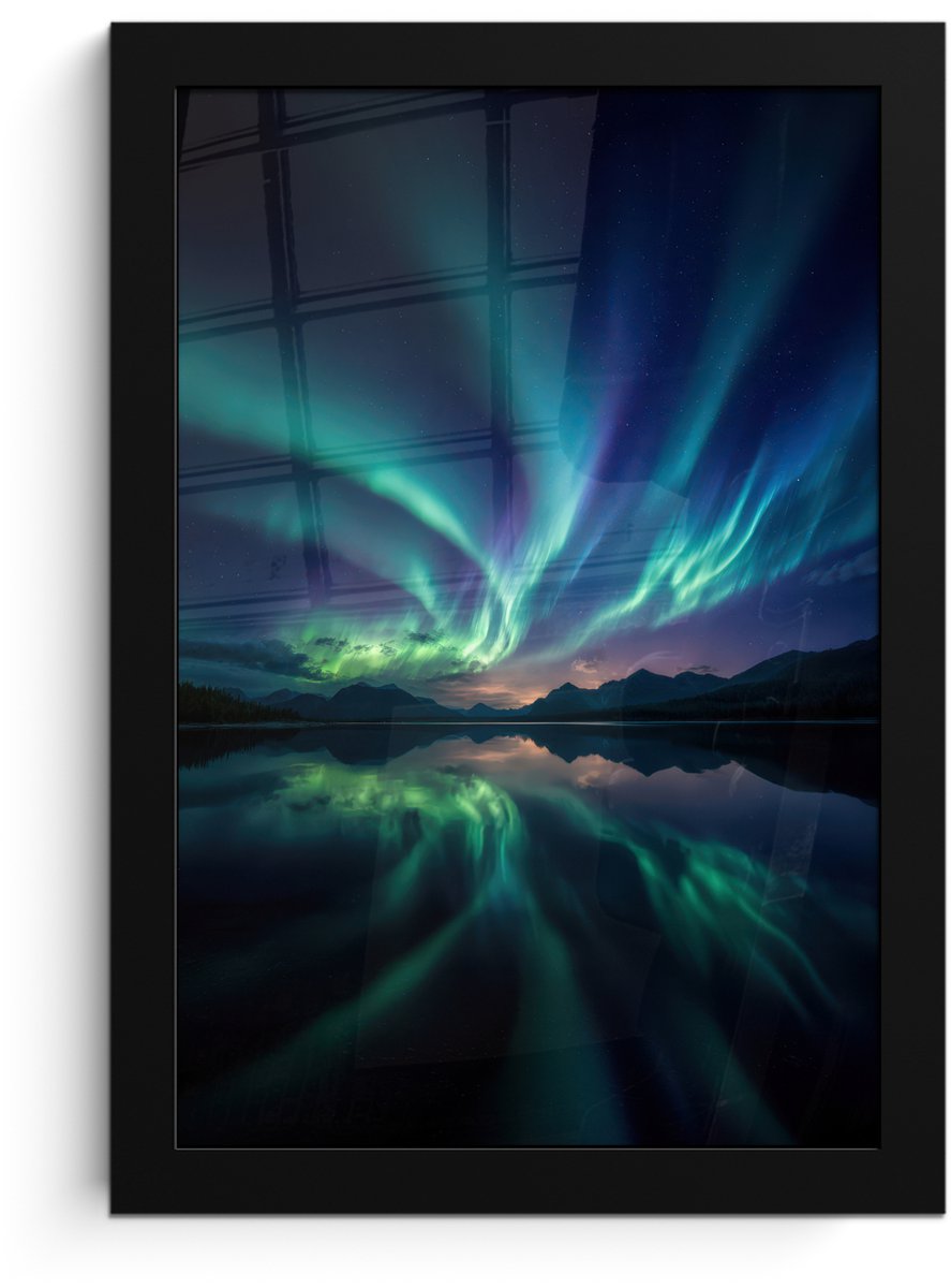 FrameYourWall Poster in lijst - Fotolijst 20x30 cm - Posters - Noorderlicht - Kleurrijk - Bergmeer - Posterlijst zwart - Decoratie - Wanddecoratie woonkamer - Muurdecoratie slaapkamer Noorderlicht - Meer - Bergen