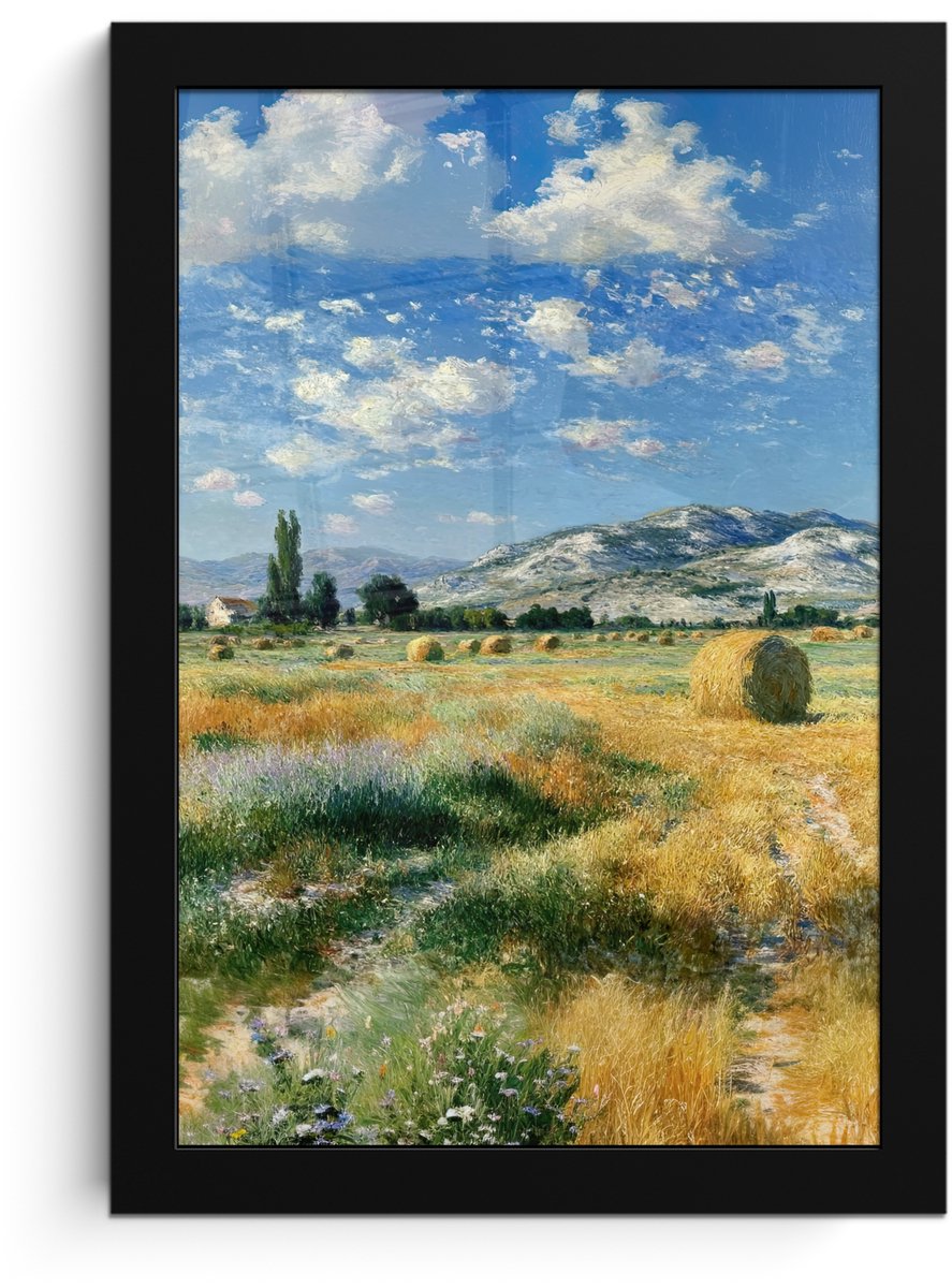 FrameYourWall Poster in lijst - Fotolijst 20x30 cm - Posters - Landschap - Strobalen - Bergen - Wolken - Posterlijst zwart - Decoratie - Wanddecoratie woonkamer - Muurdecoratie slaapkamer