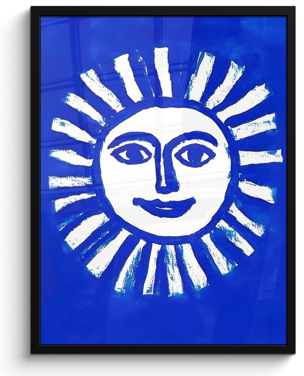 FrameYourWall Poster in lijst - Fotolijst 60x80 cm - Posters - Zon - Gezicht - Penseelstructuur - Blauw - Posterlijst zwart - Decoratie - Wanddecoratie woonkamer - Muurdecoratie slaapkamer