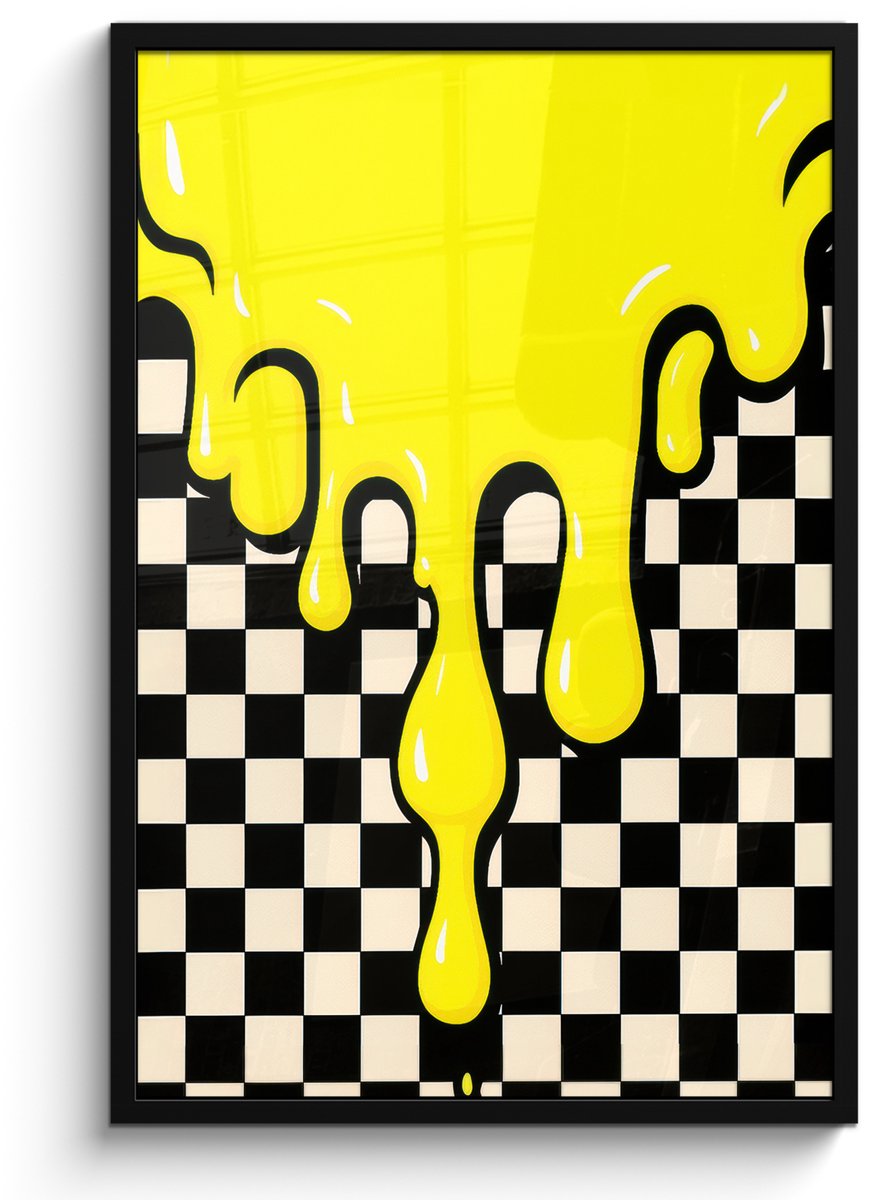 FrameYourWall Poster in lijst - Fotolijst 60x90 cm - Posters - Geblokt - Grafisch - Vloeistof - Geel - Posterlijst zwart - Decoratie - Wanddecoratie woonkamer - Muurdecoratie slaapkamer