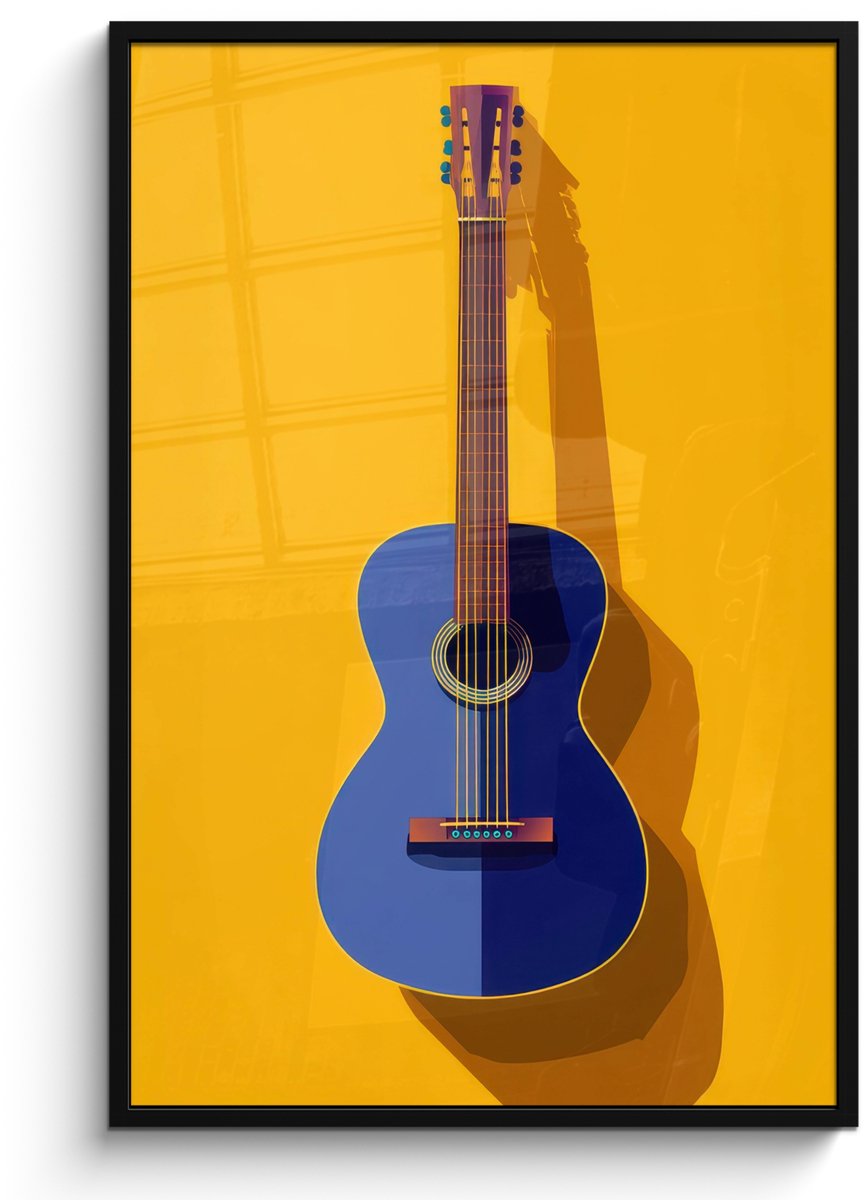 FrameYourWall Poster in lijst - Fotolijst 80x120 cm - Posters - Gitaar - Akoestisch - Minimalistisch - Geel - Posterlijst zwart - Decoratie - Wanddecoratie woonkamer - Muurdecoratie slaapkamer - Kerstversiering - Kerstdecoratie voor binnen - Kerstmis