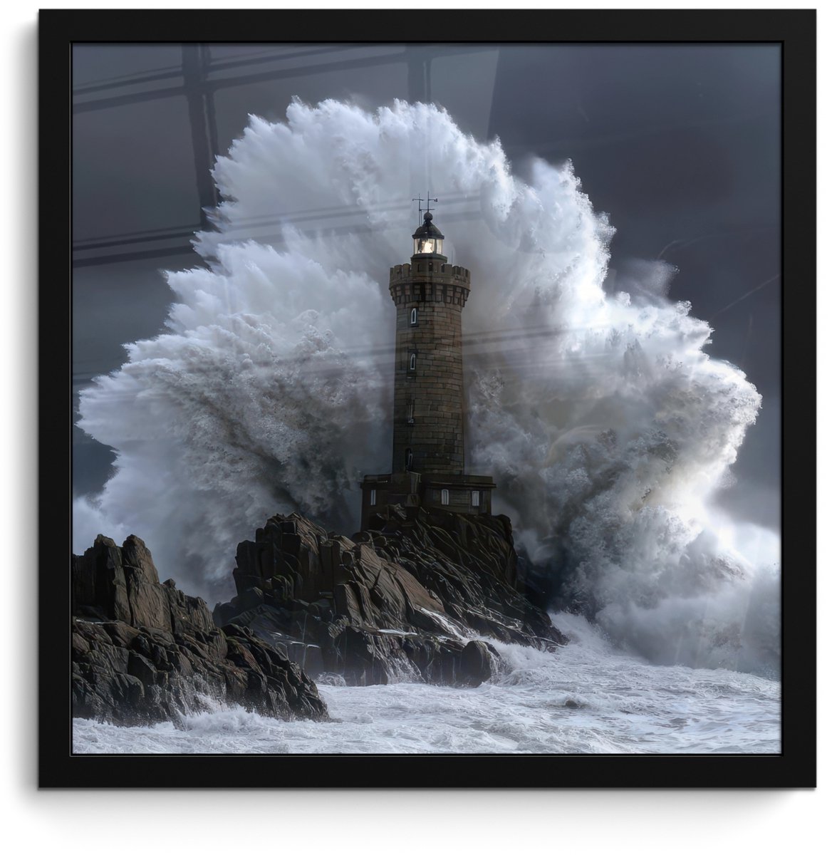 FrameYourWall Poster in lijst - Fotolijst 40x40 cm - Posters - Golf - Vuurtoren - Schuimend water - Posterlijst zwart - Decoratie - Wanddecoratie woonkamer - Muurdecoratie slaapkamer