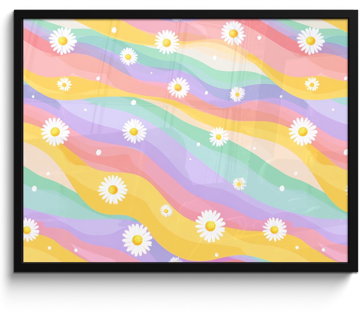 FrameYourWall Poster in lijst - Fotolijst 80x60 cm - Posters - Madeliefjes - Kleurrijk - Pastel - Vrolijk - Posterlijst zwart - Decoratie - Wanddecoratie woonkamer - Muurdecoratie slaapkamer