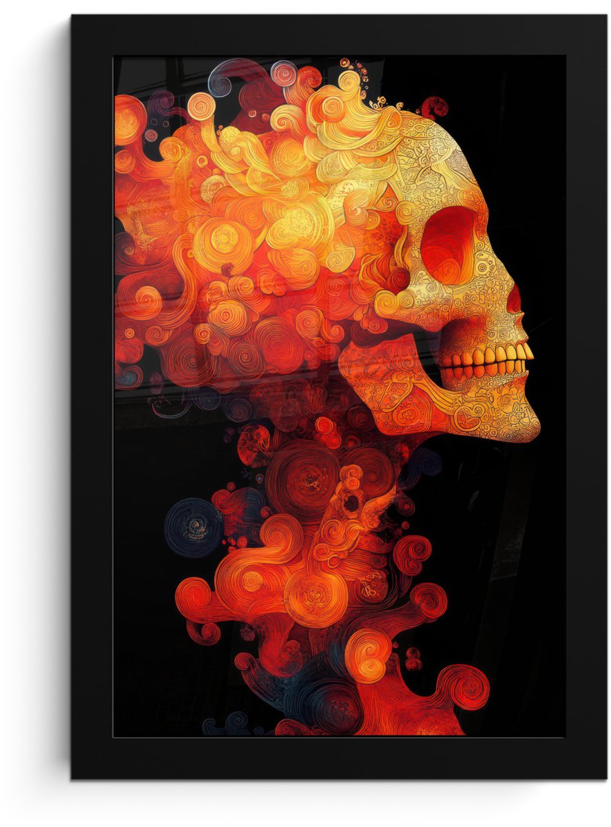 FrameYourWall Poster in lijst - Fotolijst 20x30 cm - Posters - Schedel - Oranje - Zijaanzicht - Vlammen - Posterlijst zwart - Decoratie - Wanddecoratie woonkamer - Muurdecoratie slaapkamer Schedel - Vlammen