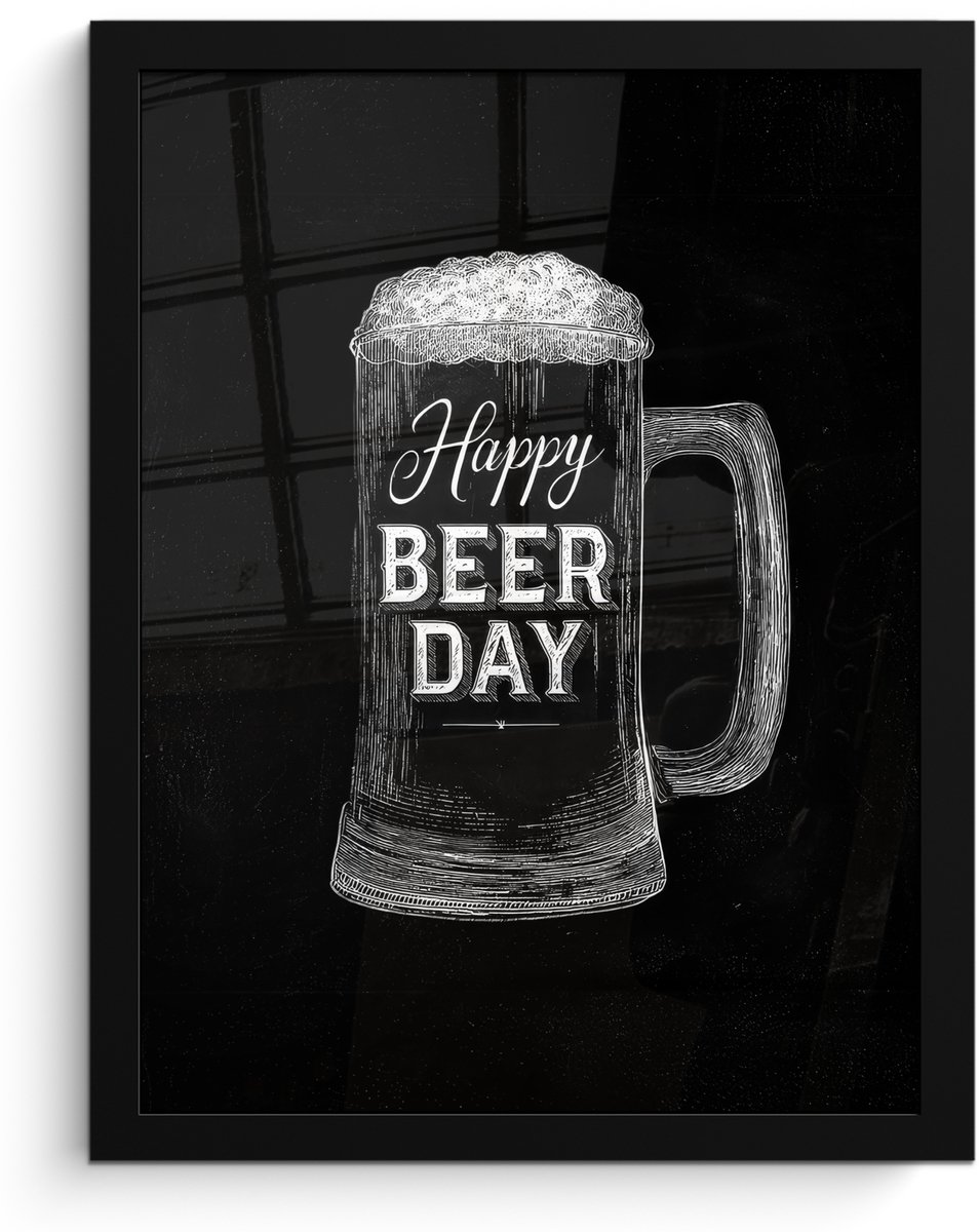 FrameYourWall Poster in lijst - Fotolijst 30x40 cm - Posters - Bierpul - Witte krijtletters - Happy beer day - Posterlijst zwart - Decoratie - Wanddecoratie woonkamer - Muurdecoratie slaapkamer Bierpul - Happy beer day