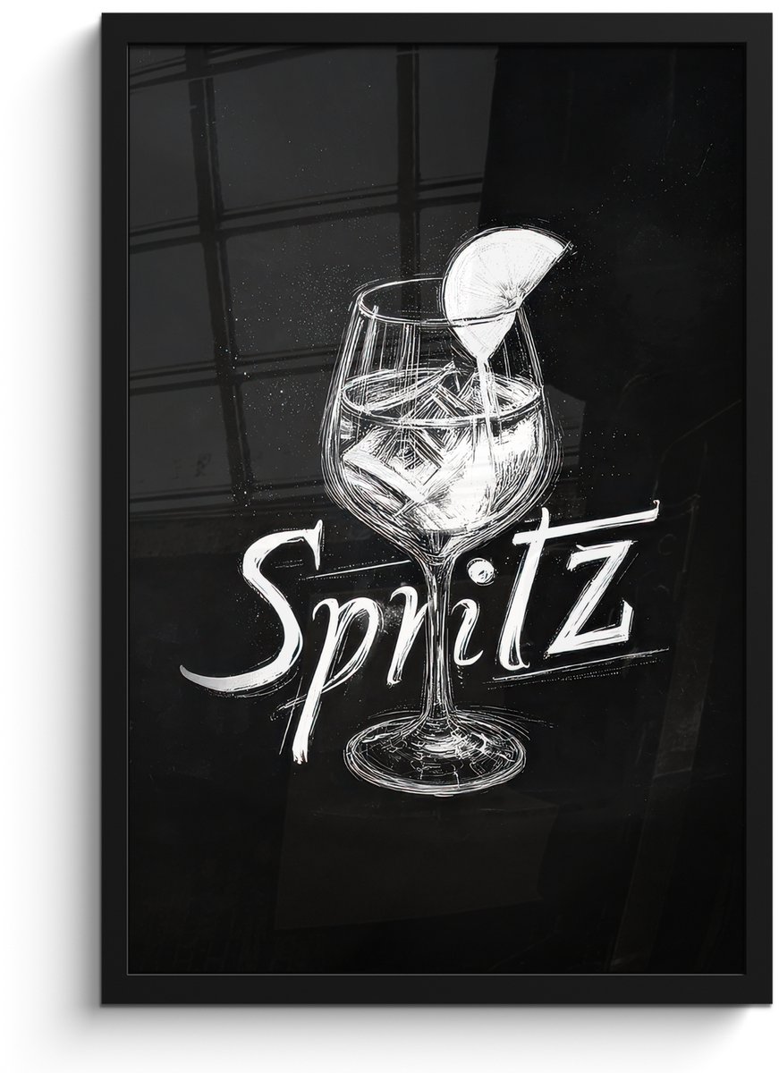 FrameYourWall Poster in lijst - Fotolijst 40x60 cm - Posters - Glas spritz - Krijtletters - Ijsblokjes - Citroen - Posterlijst zwart - Decoratie - Wanddecoratie woonkamer - Muurdecoratie slaapkamer Glas - Spritz
