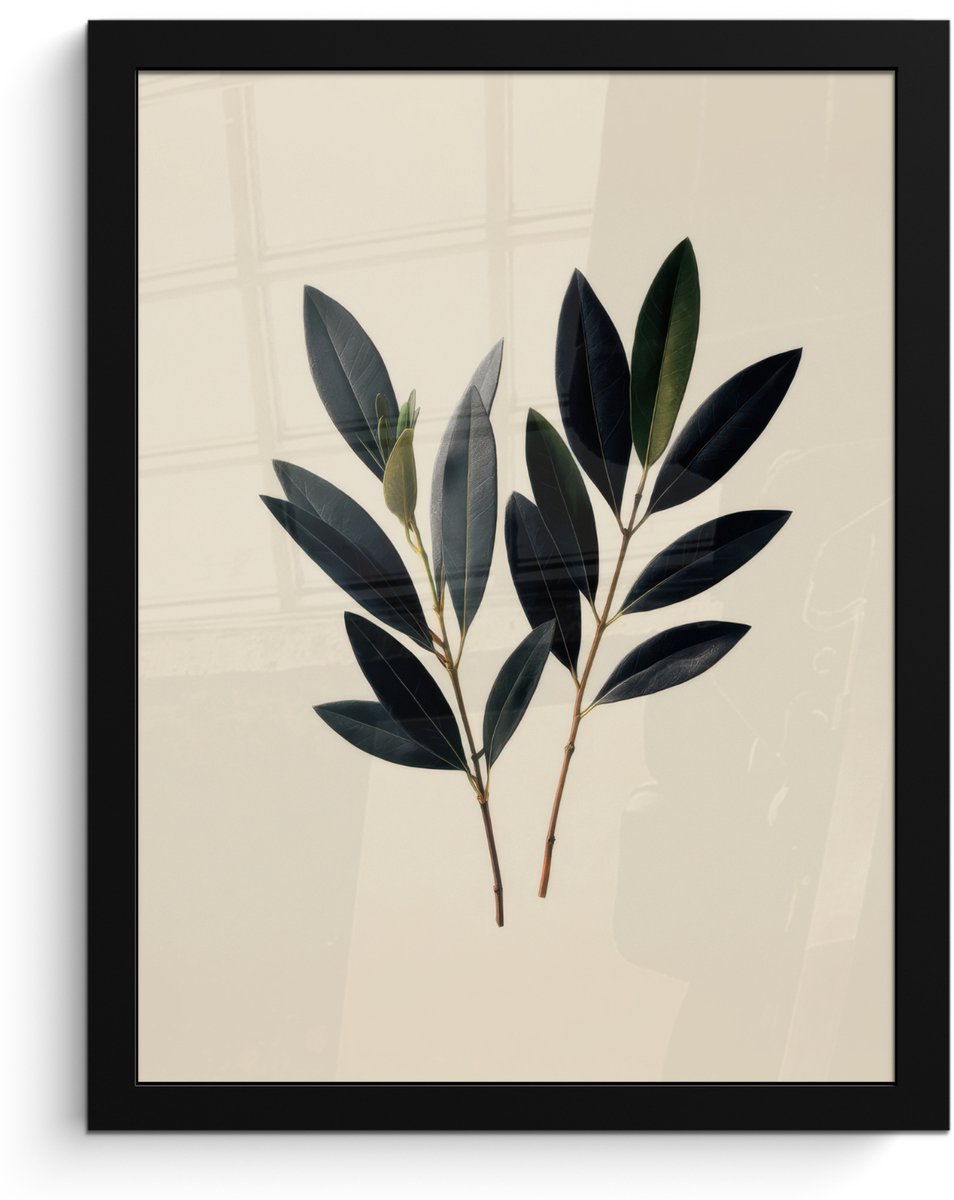 FrameYourWall Poster in lijst - Fotolijst 30x40 cm - Posters - Ovaalvormige bladeren - Diep groen - Symmetrisch - Posterlijst zwart - Decoratie - Wanddecoratie woonkamer - Muurdecoratie slaapkamer