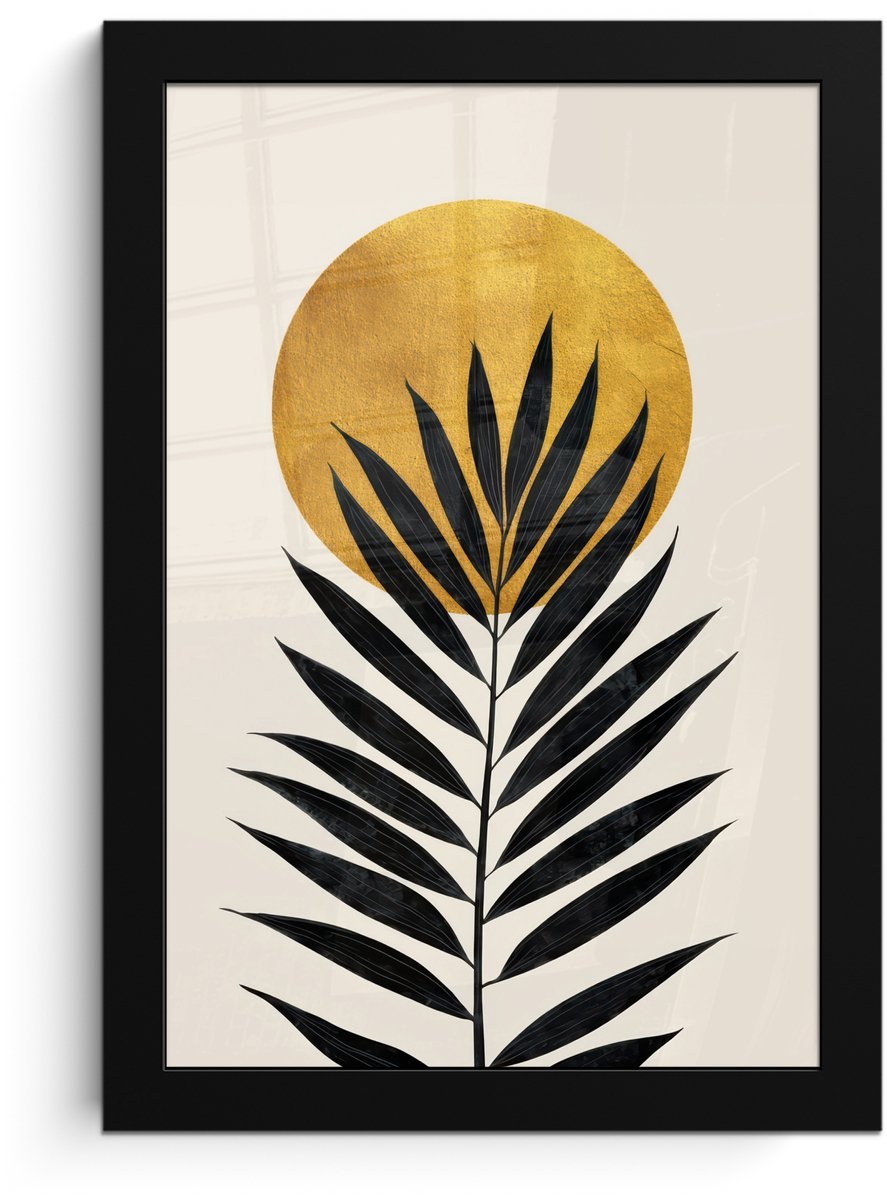 FrameYourWall Poster in lijst - Fotolijst 20x30 cm - Posters - Zwart palmblad - Gouden cirkel - Beige achtergrond - Posterlijst zwart - Decoratie - Wanddecoratie woonkamer - Muurdecoratie slaapkamer Palmblad - Cirkel