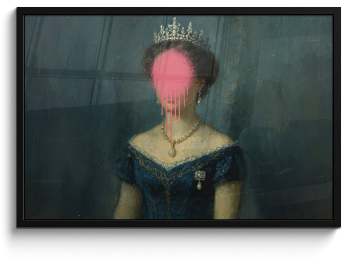FrameYourWall Poster in lijst - Fotolijst 90x60 cm - Posters - Kroon - Roze druipend verf - Portret - Posterlijst zwart - Decoratie - Wanddecoratie woonkamer - Muurdecoratie slaapkamer Vrouw - Kroon - Verf