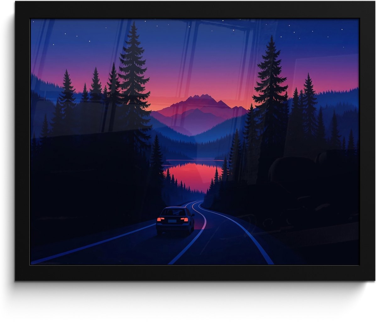 FrameYourWall Poster in lijst - Fotolijst 40x30 cm - Posters - Auto - Donkere dennenbomen - Zonsondergang - Posterlijst zwart - Decoratie - Wanddecoratie woonkamer - Muurdecoratie slaapkamer Auto - Dennenbomen - Zonsondergang