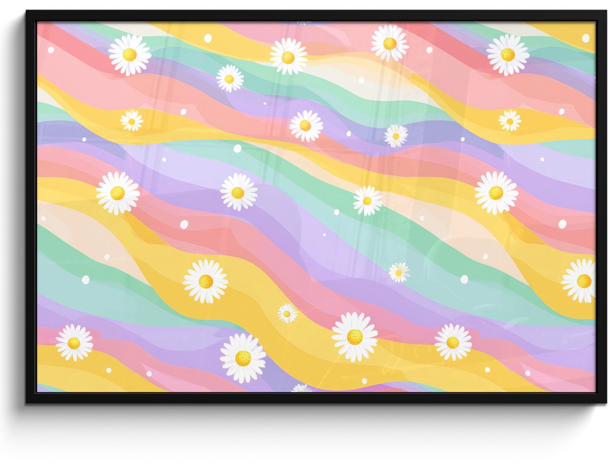 FrameYourWall Poster in lijst - Fotolijst 120x80 cm - Posters - Madeliefjes - Kleurrijk - Pastel - Vrolijk - Posterlijst zwart - Decoratie - Wanddecoratie woonkamer - Muurdecoratie slaapkamer