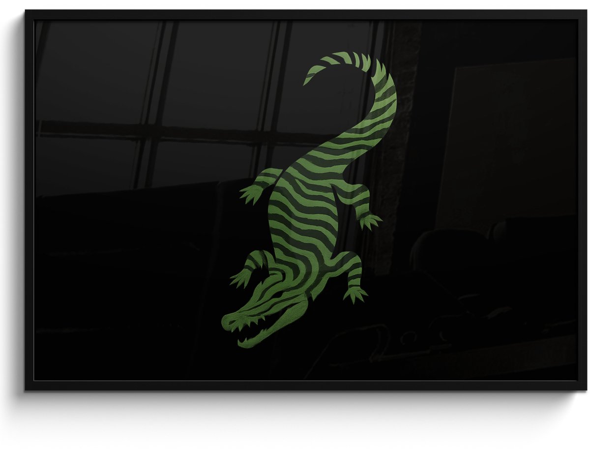 FrameYourWall Poster in lijst - Fotolijst 120x80 cm - Posters - Krokodil - Groen - Tijgerachtig - Strepen - Posterlijst zwart - Decoratie - Wanddecoratie woonkamer - Muurdecoratie slaapkamer Krokodil - Strepen
