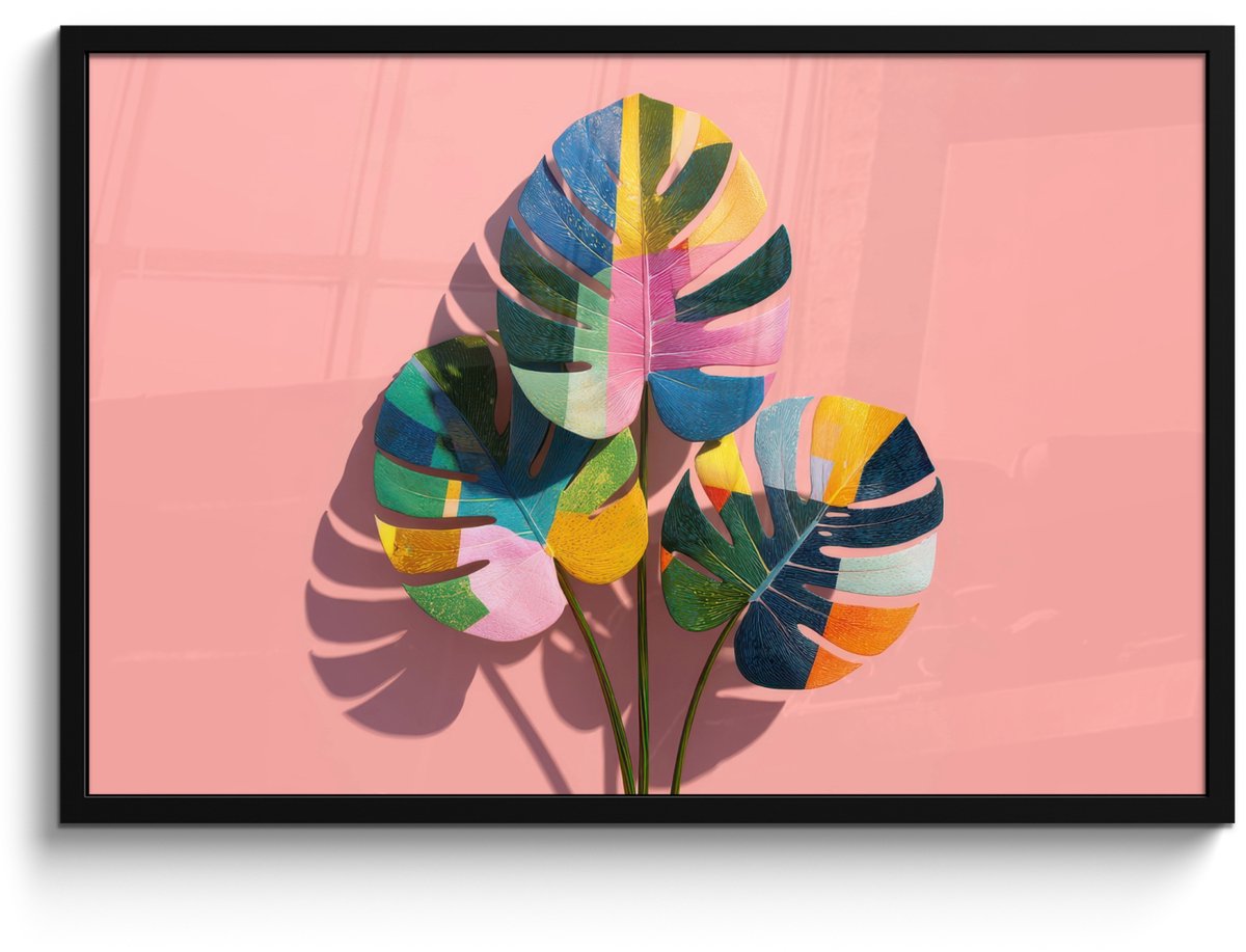 FrameYourWall Poster in lijst - Fotolijst 90x60 cm - Posters - Bladeren - Geschilderd - Vlakken - Kleurrijk - Posterlijst zwart - Decoratie - Wanddecoratie woonkamer - Muurdecoratie slaapkamer