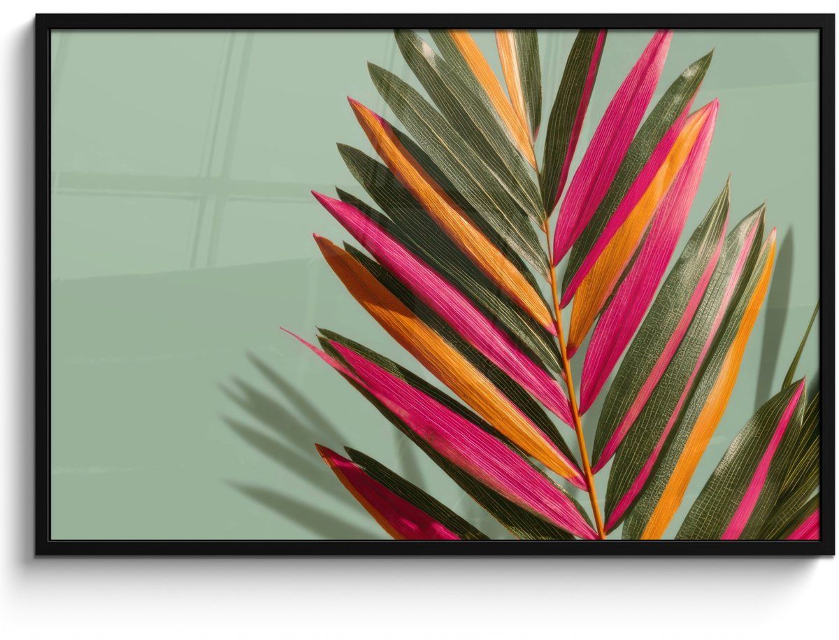 FrameYourWall Poster in lijst - Fotolijst 120x80 cm - Posters - Tak - Bladeren - Kleurrijk - Schaduw - Posterlijst zwart - Decoratie - Wanddecoratie woonkamer - Muurdecoratie slaapkamer