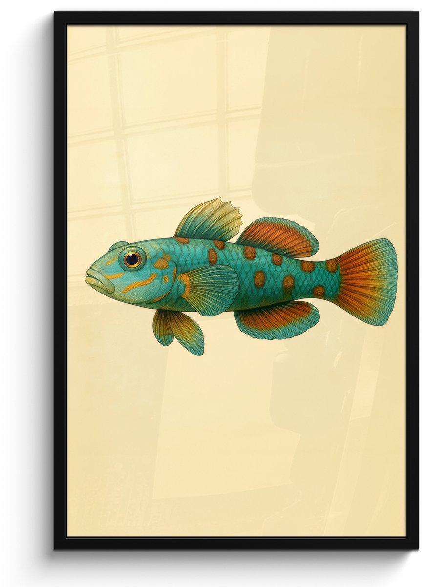 FrameYourWall Poster in lijst - Fotolijst 60x90 cm - Posters - Vis - Blauw - Stippen - Schubben - Posterlijst zwart - Decoratie - Wanddecoratie woonkamer - Muurdecoratie slaapkamer Vis - Stippen