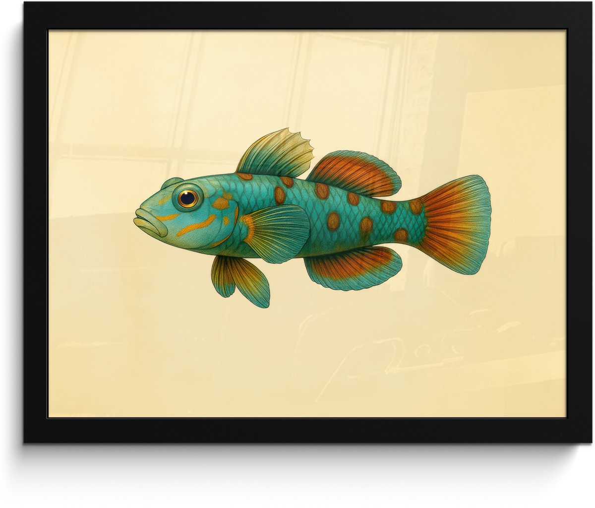 FrameYourWall Poster in lijst - Fotolijst 40x30 cm - Posters - Vis - Blauw - Stippen - Schubben - Posterlijst zwart - Decoratie - Wanddecoratie woonkamer - Muurdecoratie slaapkamer Vis - Stippen