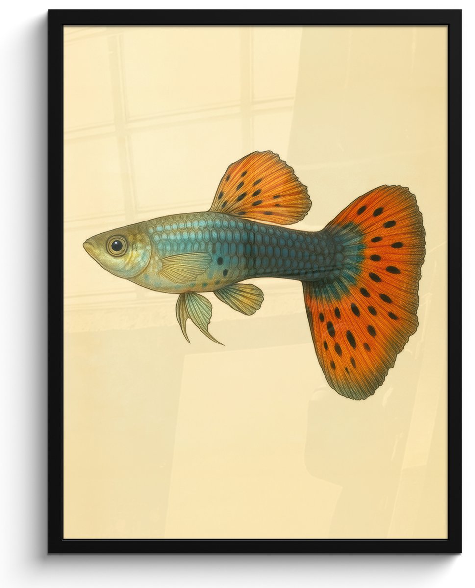 FrameYourWall Poster in lijst - Fotolijst 60x80 cm - Posters - Vis - illustratie - Stippen - Oranje - Posterlijst zwart - Decoratie - Wanddecoratie woonkamer - Muurdecoratie slaapkamer