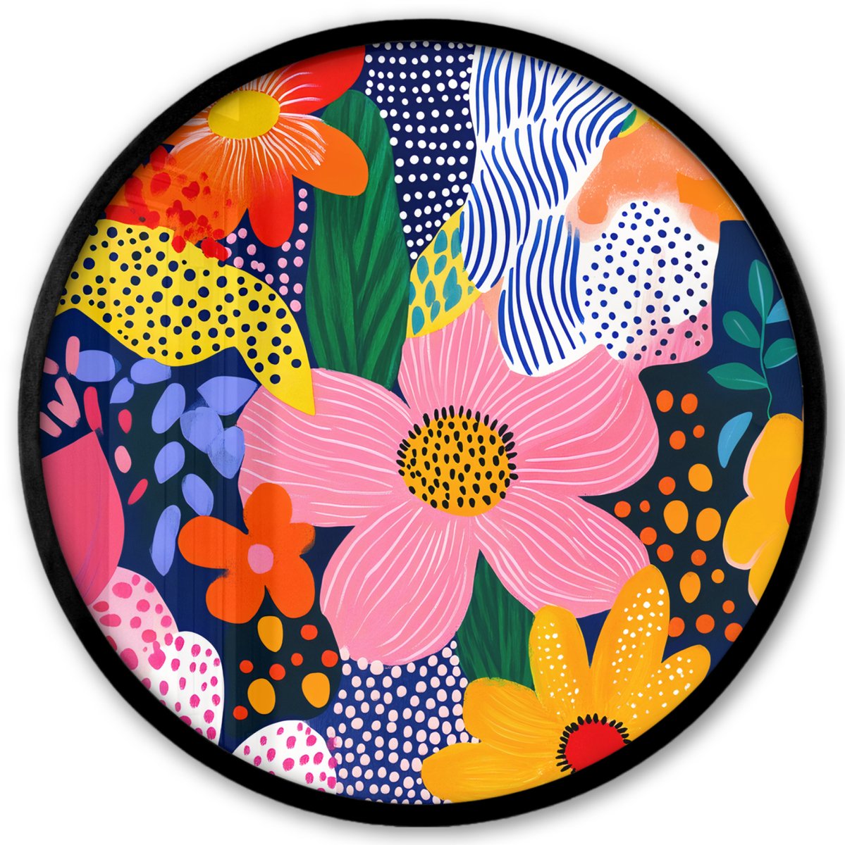 FrameYourWall Poster in lijst Rond - Fotolijst 40x40 cm - Posters - Kleurrijk - Bloemen - Abstract - Stippen - Ronde posterlijst zwart - Decoratie - Wanddecoratie woonkamer - Muurdecoratie slaapkamer Schilderij - Abstract - Bloemen