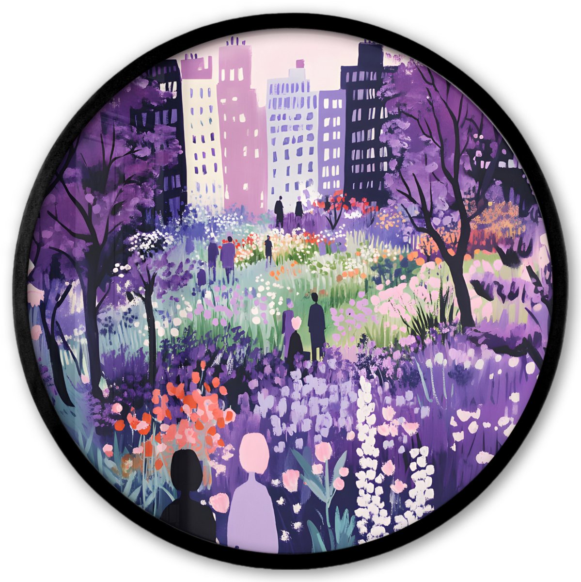 FrameYourWall Poster in lijst Rond - Fotolijst 40x40 cm - Posters - Park - Bomen - Bloemen - Gebouwen - Ronde posterlijst zwart - Decoratie - Wanddecoratie woonkamer - Muurdecoratie slaapkamer Park - Bomen - Gebouwen