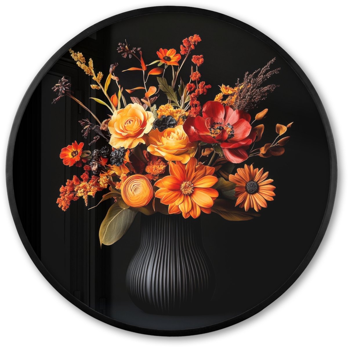FrameYourWall Poster in lijst Rond - Fotolijst 60x60 cm - Posters - Herfst - Boeket - Oranje - Ronde posterlijst zwart - Decoratie - Wanddecoratie woonkamer - Muurdecoratie slaapkamer Boeket - Bloemen 1