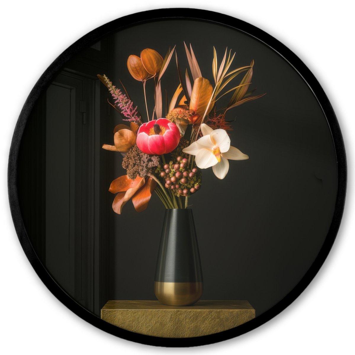 FrameYourWall Poster in lijst Rond - Fotolijst 40x40 cm - Posters - Boeket - Oranje - Gouden - vaas - Ronde posterlijst zwart - Decoratie - Wanddecoratie woonkamer - Muurdecoratie slaapkamer Boeket - Bloemen 3