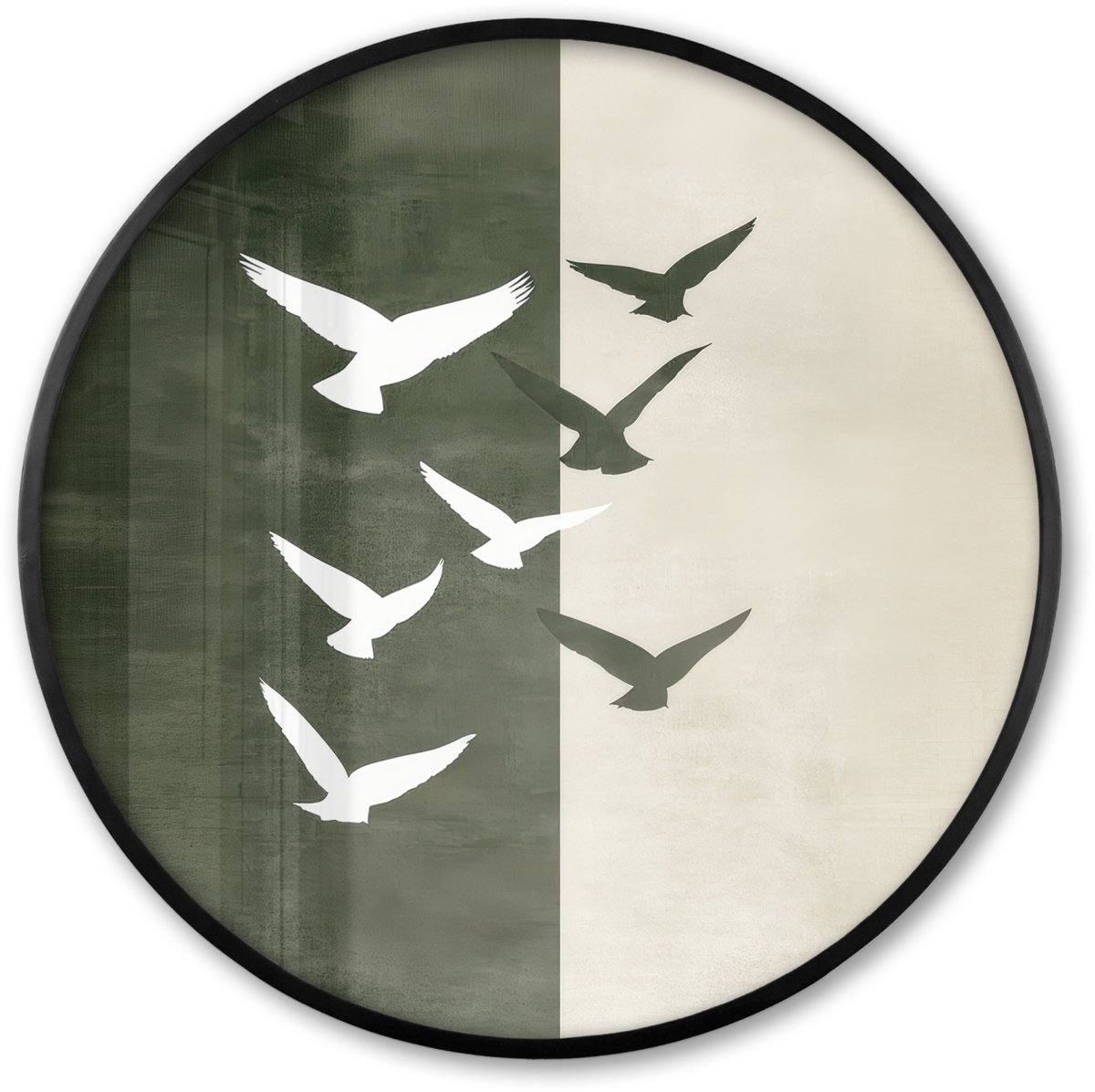 FrameYourWall Poster in lijst Rond - Fotolijst 60x60 cm - Posters - Japandi - Vogel - Groen - Ronde posterlijst zwart - Decoratie - Wanddecoratie woonkamer - Muurdecoratie slaapkamer Vogels