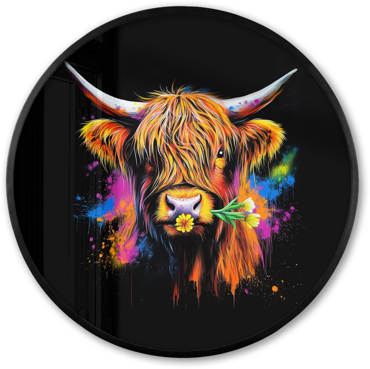FrameYourWall Poster in lijst Rond - Fotolijst 60x60 cm - Posters - Schotse Hooglander - Graffiti - Kleurrijk - Bloem - Dieren - Ronde posterlijst zwart - Decoratie - Wanddecoratie woonkamer - Muurdecoratie slaapkamer Graffiti - Schotse Hooglander