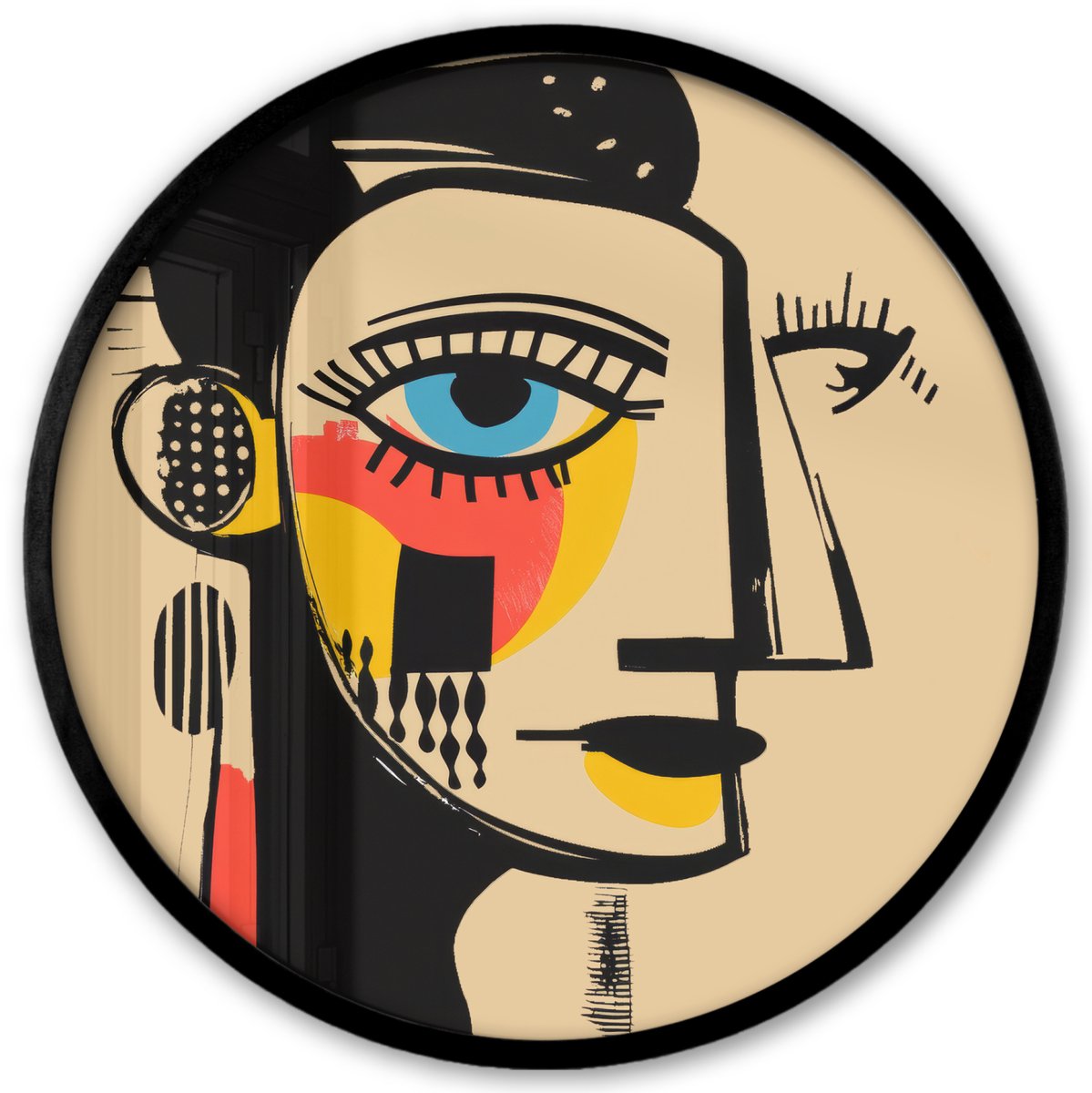 FrameYourWall Poster in lijst Rond - Fotolijst 40x40 cm - Posters - Geometrisch - Felle kleuren - Kubistische stijl - Ronde posterlijst zwart - Decoratie - Wanddecoratie woonkamer - Muurdecoratie slaapkamer Gezicht - Kunst