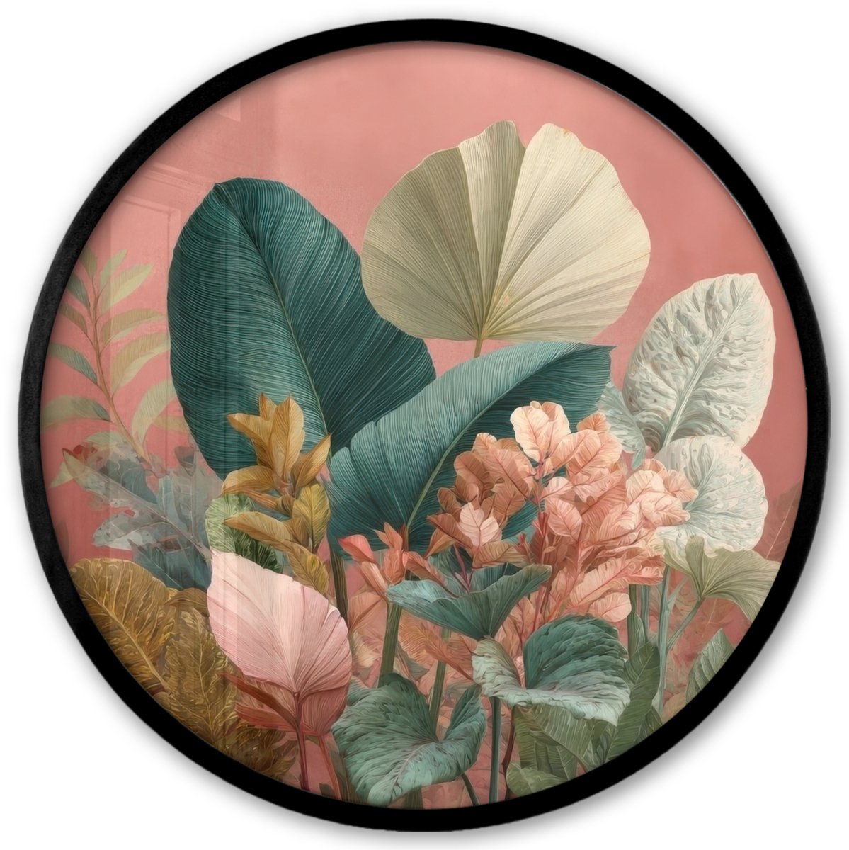 FrameYourWall Poster in lijst Rond - Fotolijst 40x40 cm - Posters - Tropische bladeren - Bloemen - Roze - groen - Ronde posterlijst zwart - Decoratie - Wanddecoratie woonkamer - Muurdecoratie slaapkamer Tropisch - Bladeren - Bloemen