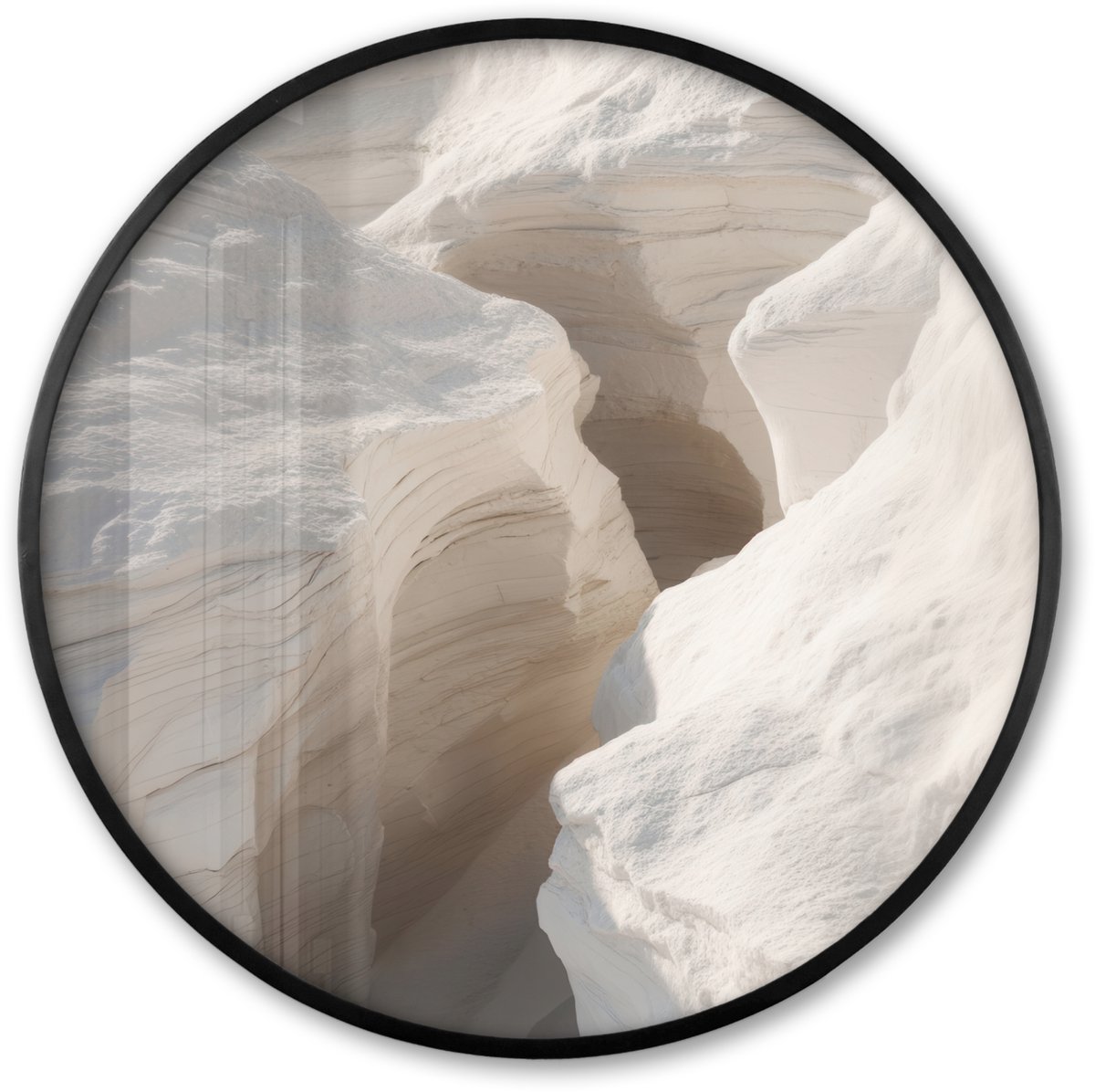 FrameYourWall Poster in lijst Rond - Fotolijst 60x60 cm - Posters - Kloof - Wit - Sneeuw - Ronde posterlijst zwart - Decoratie - Wanddecoratie woonkamer - Muurdecoratie slaapkamer