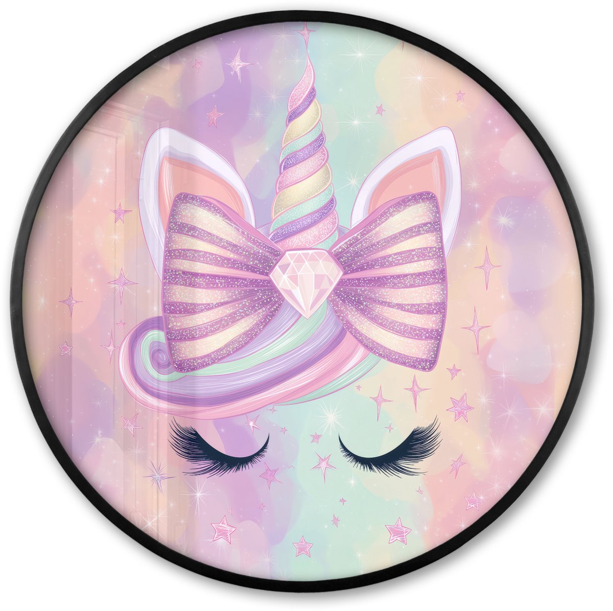 FrameYourWall Poster in lijst Rond - Fotolijst 80x80 cm - Posters - Eenhoorn - Glitters - Regenboog - Pastel - Ronde posterlijst zwart - Decoratie - Wanddecoratie woonkamer - Muurdecoratie slaapkamer