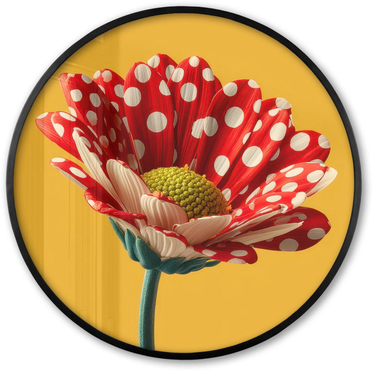 FrameYourWall Poster in lijst Rond - Fotolijst 80x80 cm - Posters - Bloem - Rood - Stippen - Ronde posterlijst zwart - Decoratie - Wanddecoratie woonkamer - Muurdecoratie slaapkamer Bloem - Stippen
