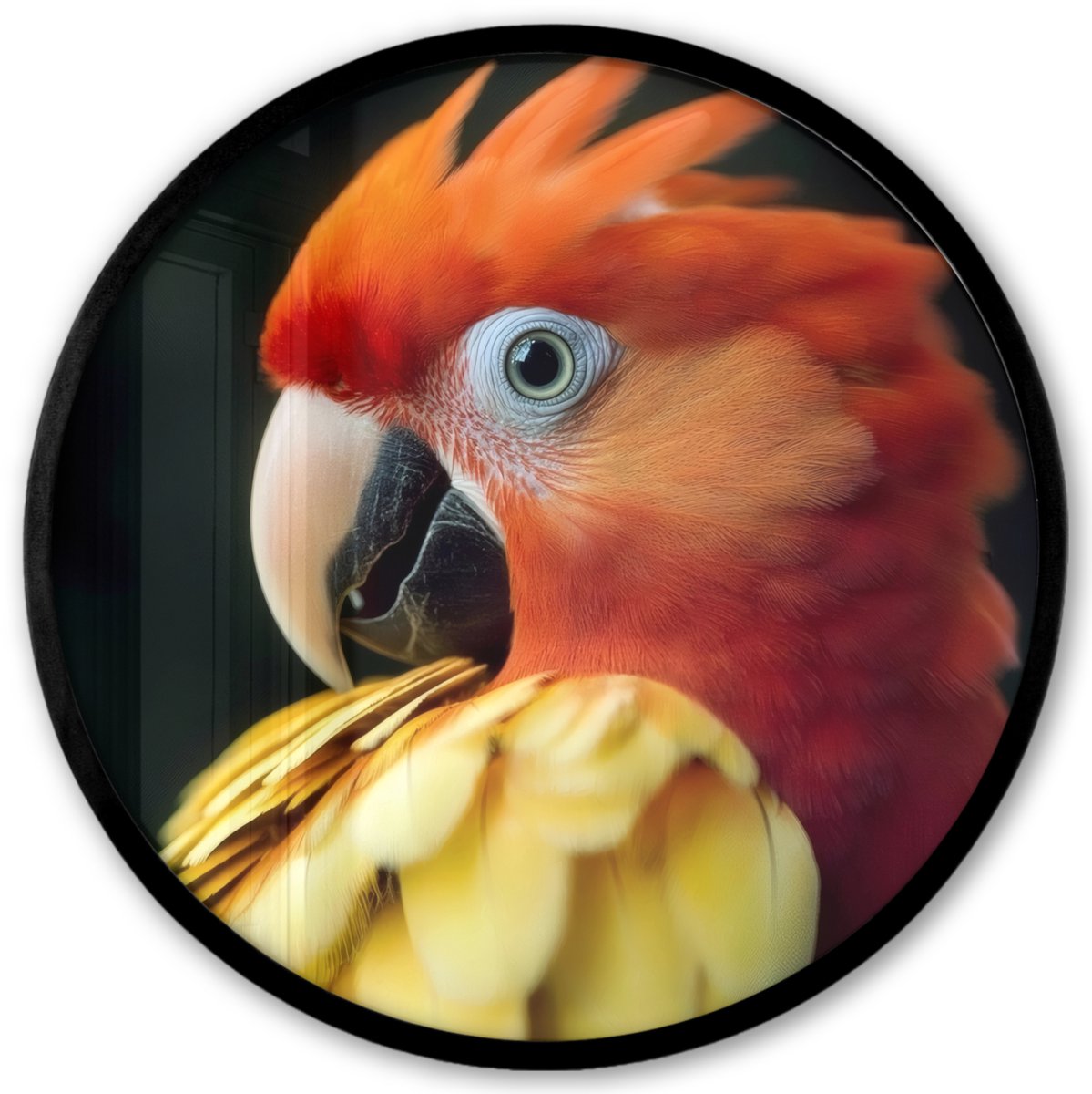 FrameYourWall Poster in lijst Rond - Fotolijst 40x40 cm - Posters - Close-up - Papegaai - Veren - Oranje - Ronde posterlijst zwart - Decoratie - Wanddecoratie woonkamer - Muurdecoratie slaapkamer