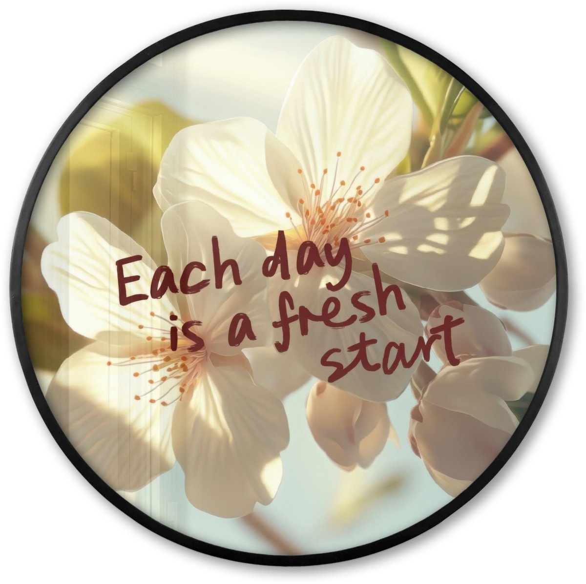 FrameYourWall Poster in lijst Rond - Fotolijst 80x80 cm - Posters - Bloesems - Zonlicht - Quote - Wit - Ronde posterlijst zwart - Decoratie - Wanddecoratie woonkamer - Muurdecoratie slaapkamer Bloesem - Quote