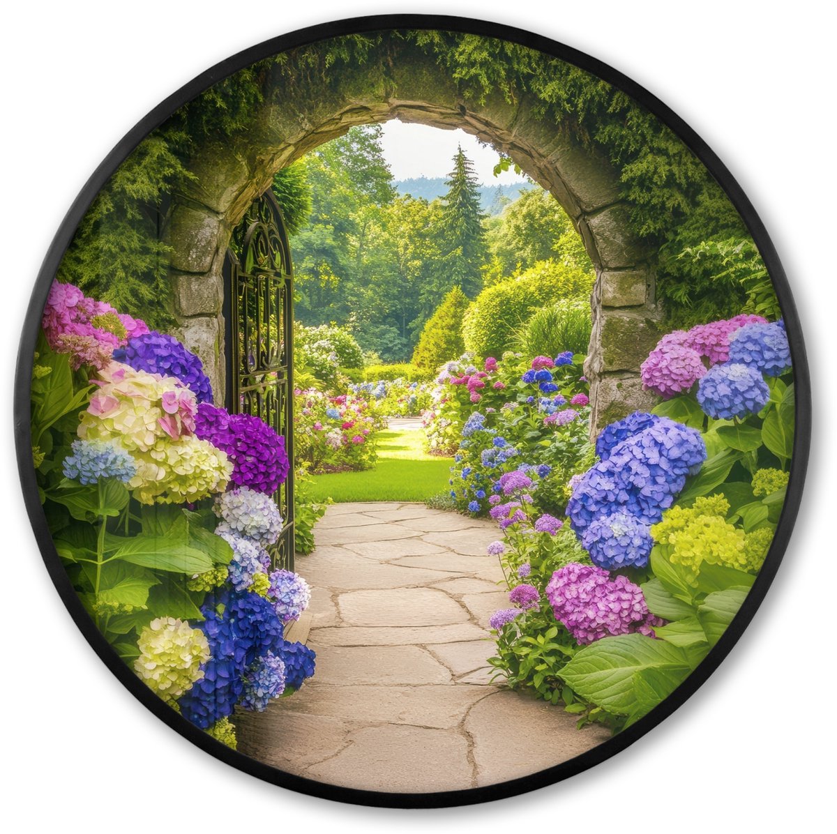 FrameYourWall Poster in lijst Rond - Fotolijst 80x80 cm - Posters - Doorkijk - Poort - Hortensia - Bloementuin - Ronde posterlijst zwart - Decoratie - Wanddecoratie woonkamer - Muurdecoratie slaapkamer Poort - Tuin