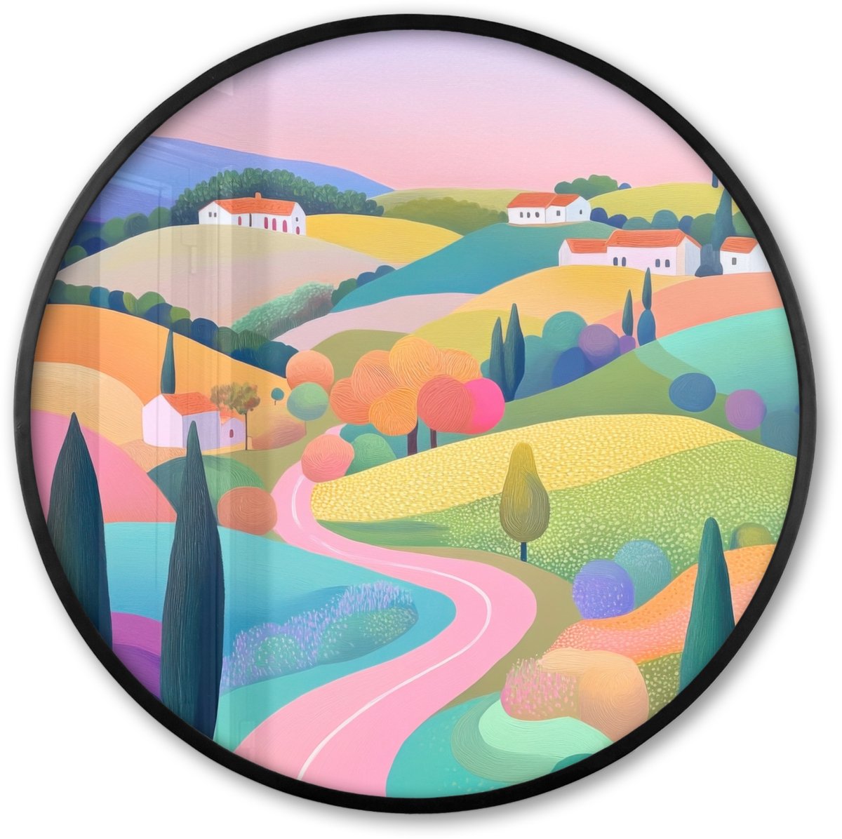 FrameYourWall Poster in lijst Rond - Fotolijst 80x80 cm - Posters - Landschap - Paars - Pastel - Huizen - Ronde posterlijst zwart - Decoratie - Wanddecoratie woonkamer - Muurdecoratie slaapkamer landschap - Pastel
