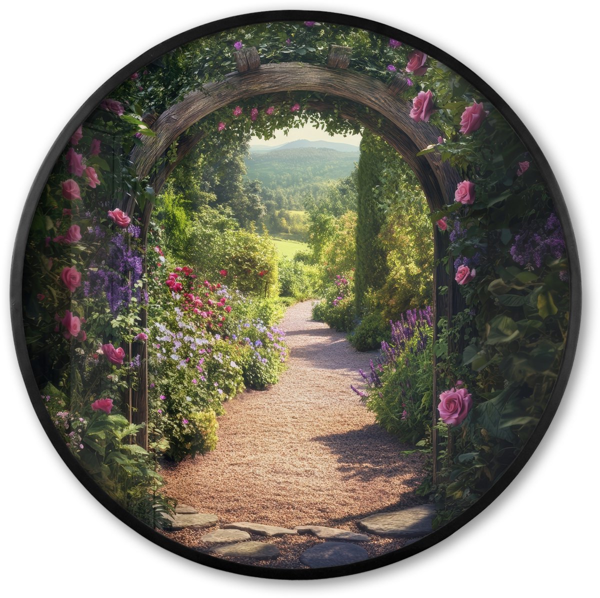 FrameYourWall Poster in lijst Rond - Fotolijst 60x60 cm - Posters - Doorkijk - Bloemen - Natuur - Rozenboog - Ronde posterlijst zwart - Decoratie - Wanddecoratie woonkamer - Muurdecoratie slaapkamer Poort - Bloemen
