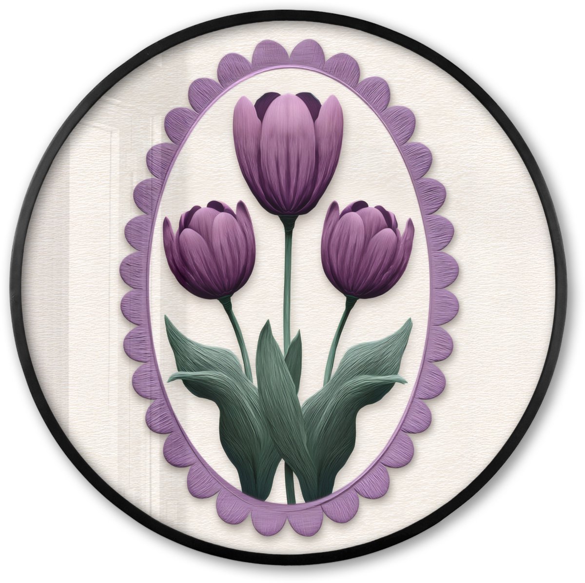 FrameYourWall Poster in lijst Rond - Fotolijst 60x60 cm - Posters - Tulpen - Paars - Lijst - Bladeren - Ronde posterlijst zwart - Decoratie - Wanddecoratie woonkamer - Muurdecoratie slaapkamer